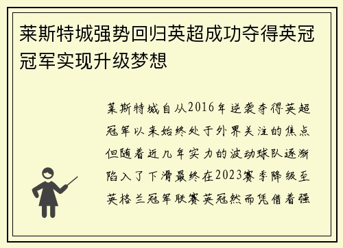 莱斯特城强势回归英超成功夺得英冠冠军实现升级梦想