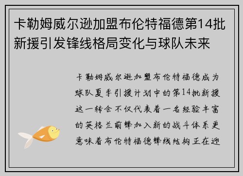 卡勒姆威尔逊加盟布伦特福德第14批新援引发锋线格局变化与球队未来 卡勒姆威尔逊加盟布伦特福德第14批新援引发锋线格局变化与球队未来